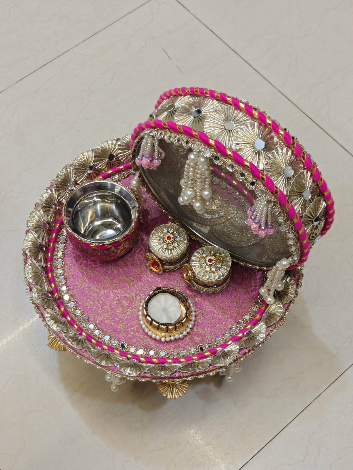 Lavender & Magenta Royal Karva Chauth Thali Set with Channi, Lota & Roli Chawal Boxes