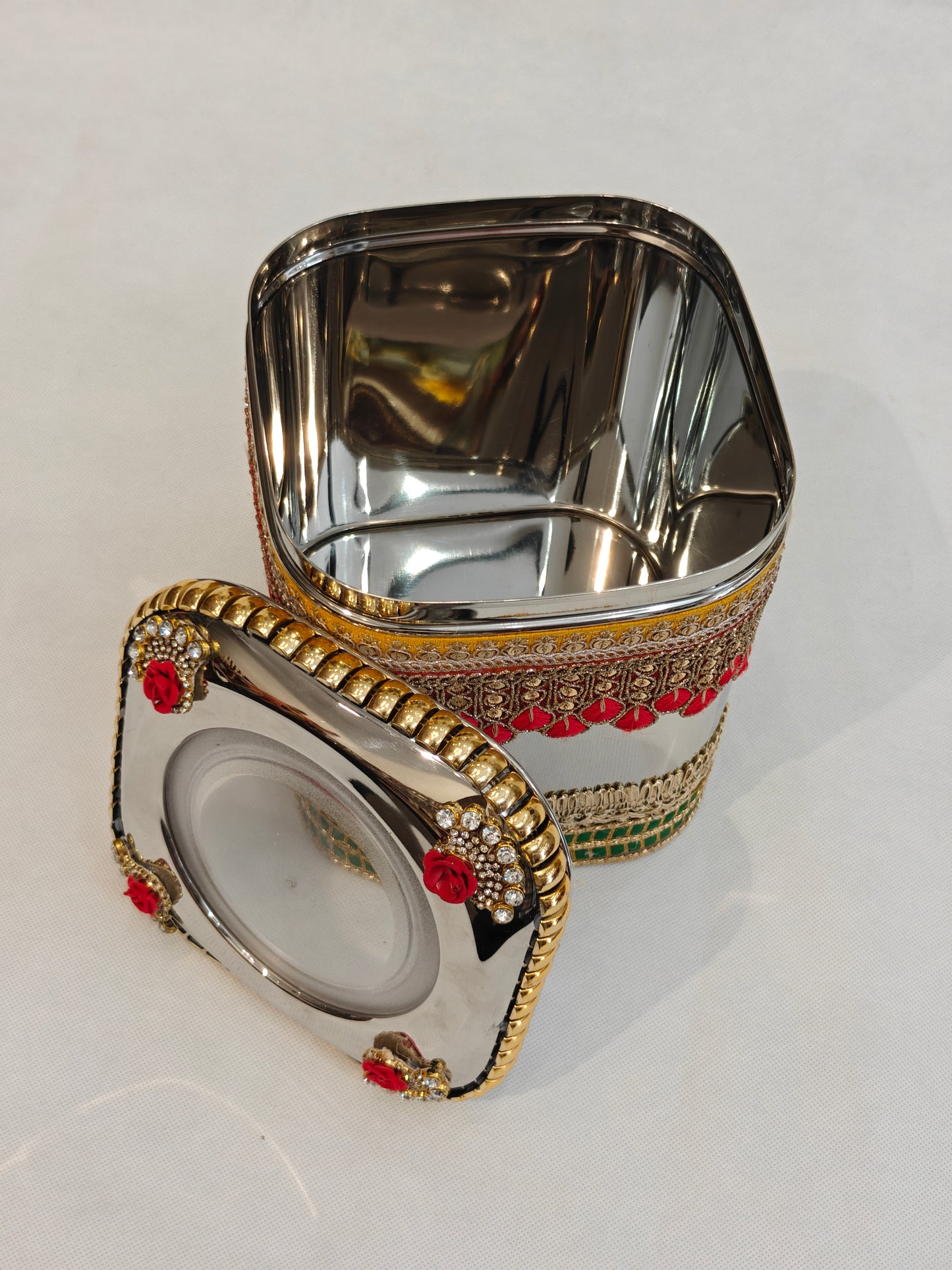 Decorated Square Stainless Steel Storage Box for Indian Wedding | Red & Gold Zari Lace with Rose & Kundan Lid | 5.5×5.5 Inch | Trousseau & Gifting
