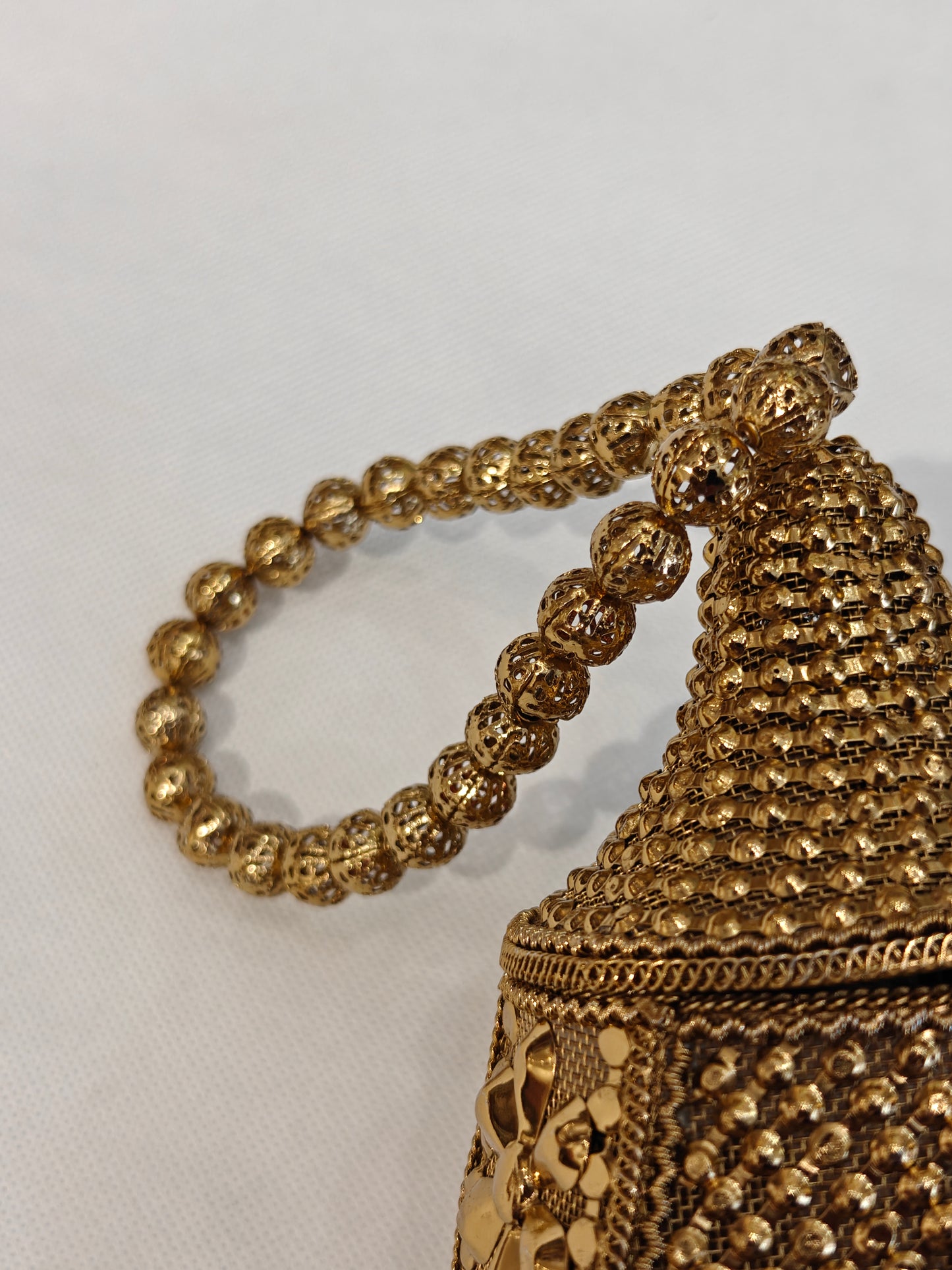 Handcrafted Gold Brass Mesh Potli Bag | Bridal Potli with Crystal Floral Medallion, Filigree Scrollwork & Bead Handle | Wedding Favour & Bridal Accessory