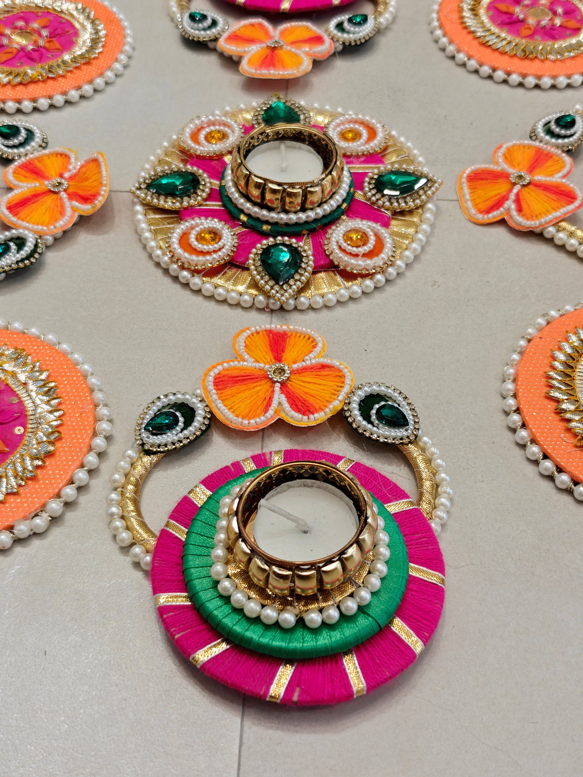 Coral & Green Floral Rangoli Set with Tealight Holders