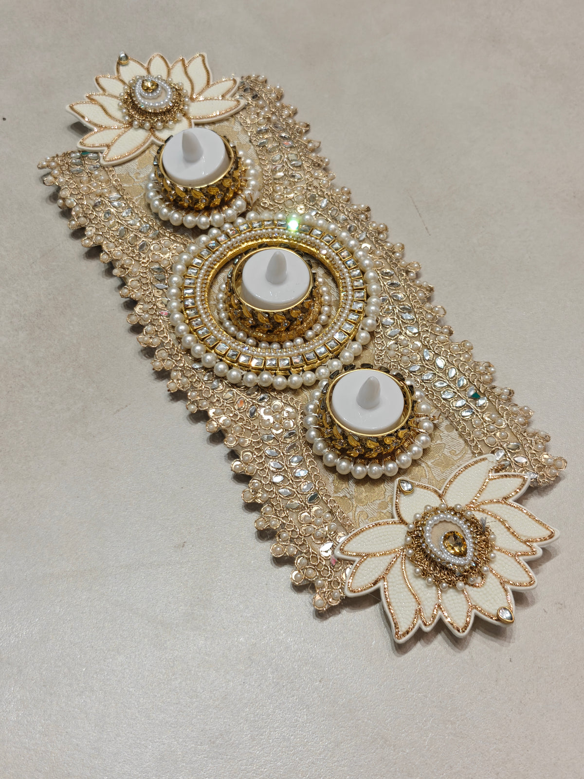 Lotus and Mirror work Table Mat with 3 Tealight Holders