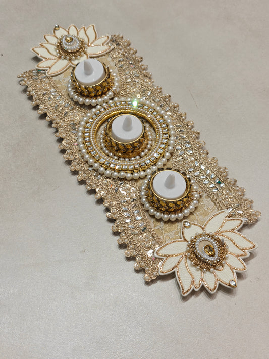 Lotus and Mirror work Table Mat with 3 Tealight Holders