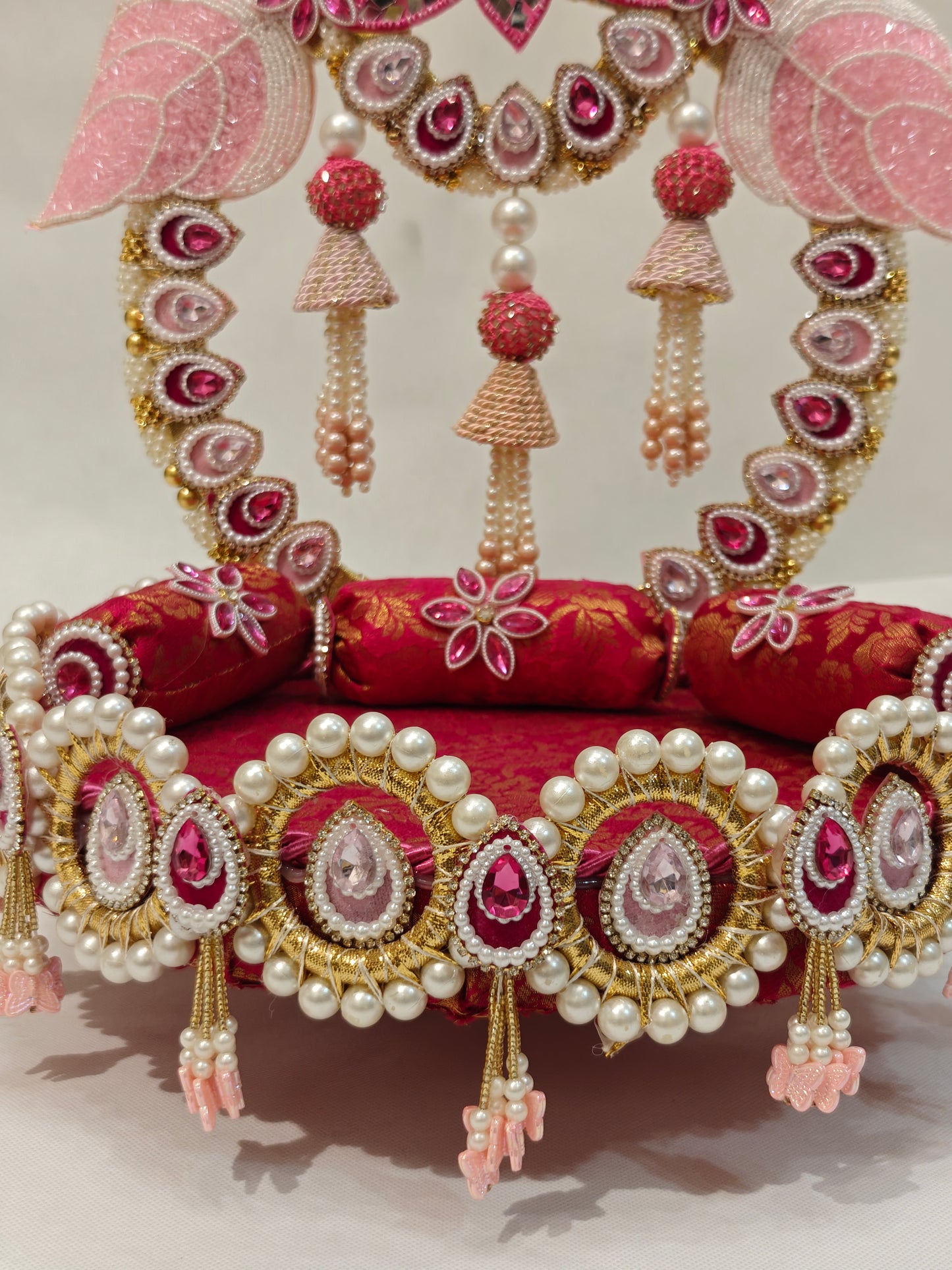 Lotus Singhaasan for Ladoo Gopal | Handcrafted MDF Deity Throne with Detachable Backdrop | Pink & Gold | 12 Inch Base