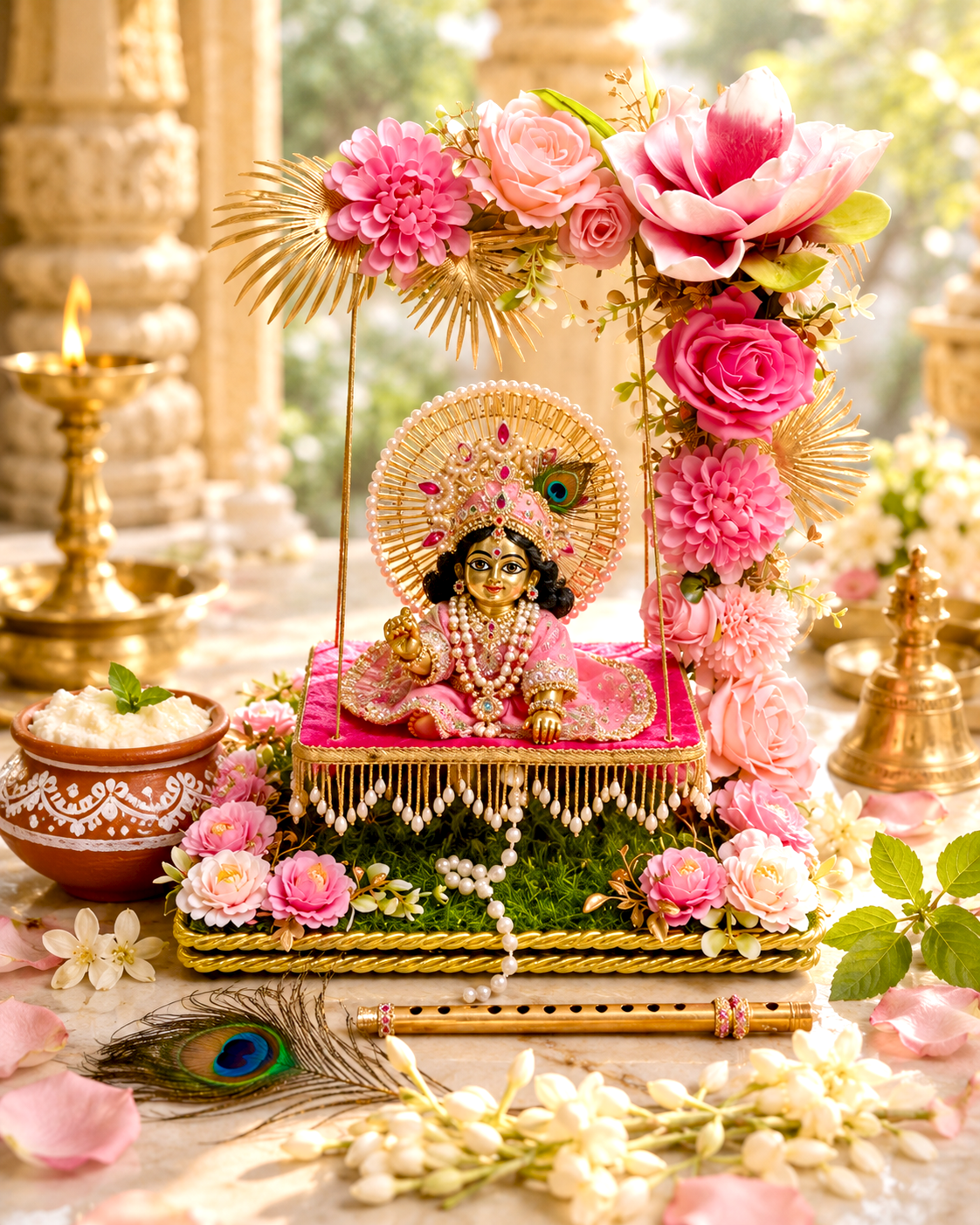 Pink floral arch jhula with Bal Gopal idol on artificial grass base