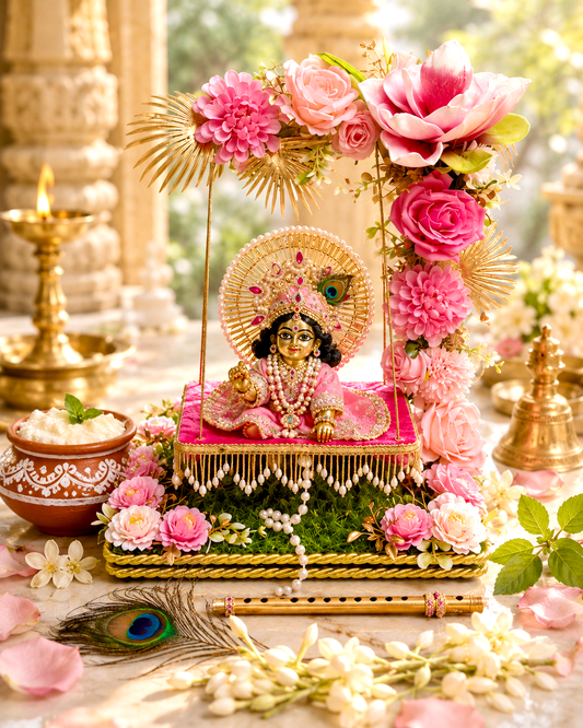 Pink floral arch jhula with Bal Gopal idol on artificial grass base