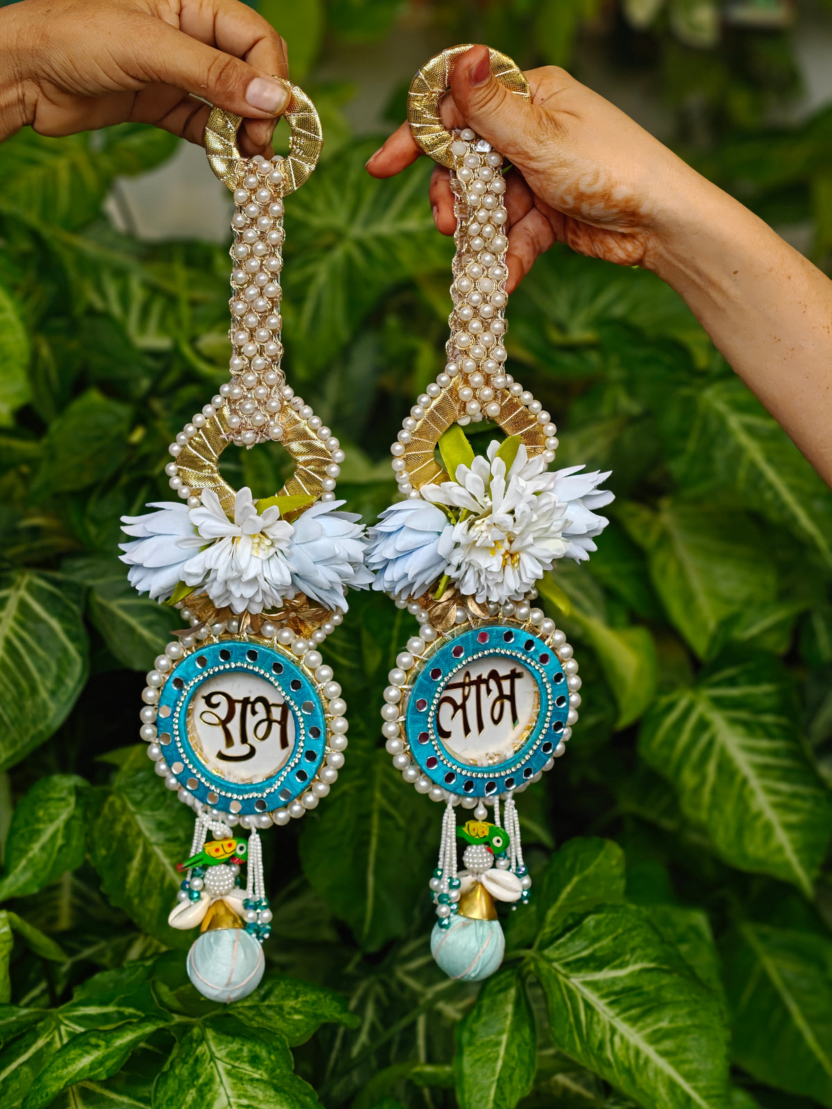Blue Shubh Laabh floral pearl wall hanging for Diwali festive home decor
