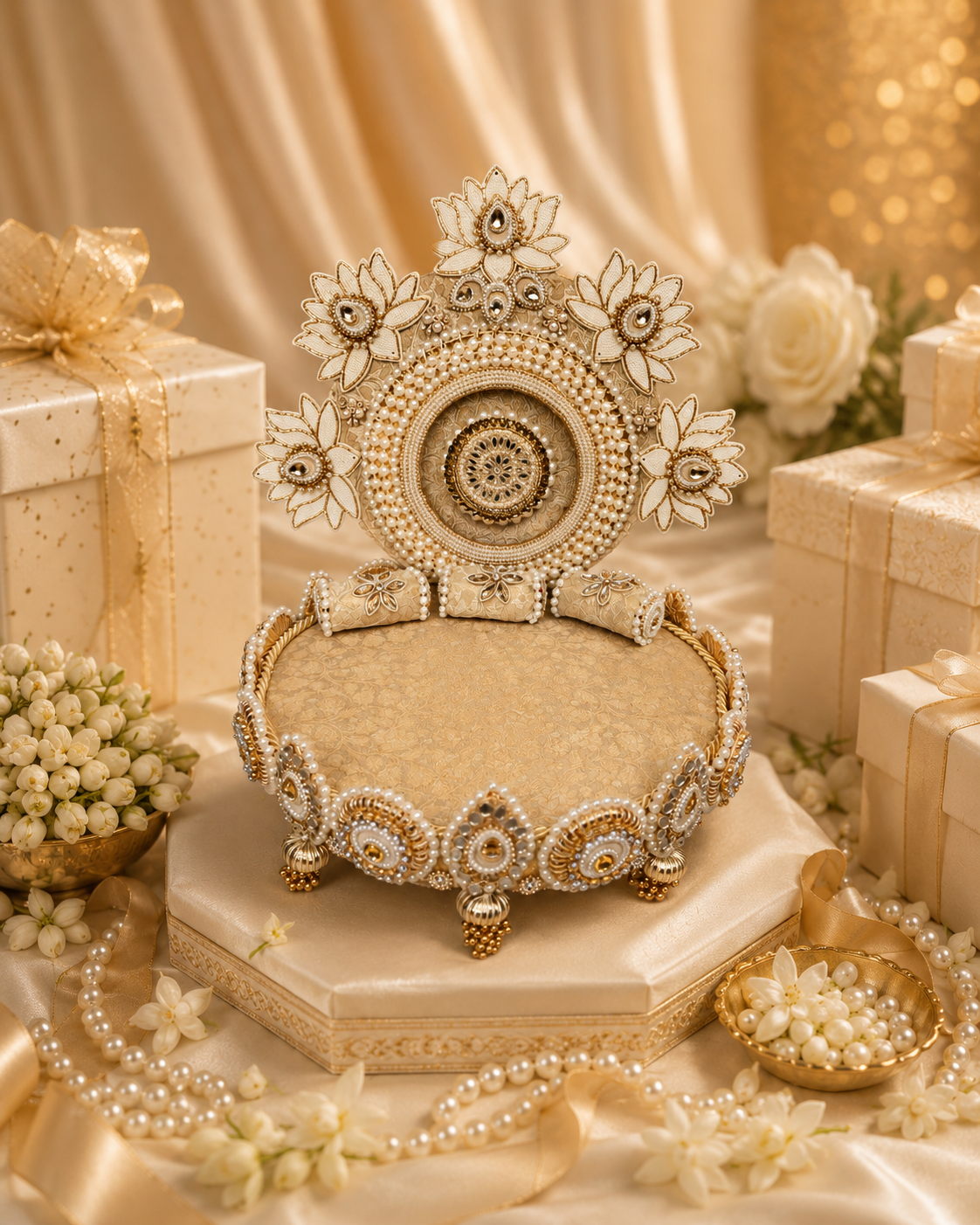 Ivory Lotus Garden Singhaasan for Ladoo Gopal | Handcrafted MDF Deity Throne with Detachable Backdrop | Ivory Gold