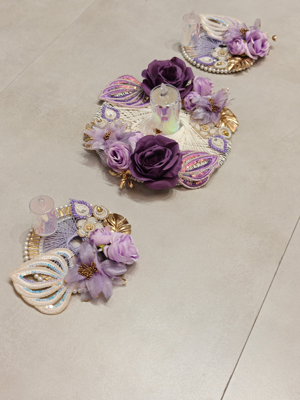 Lavender Table Runner set of 3 with Tealight holders for Diwali Table Decor