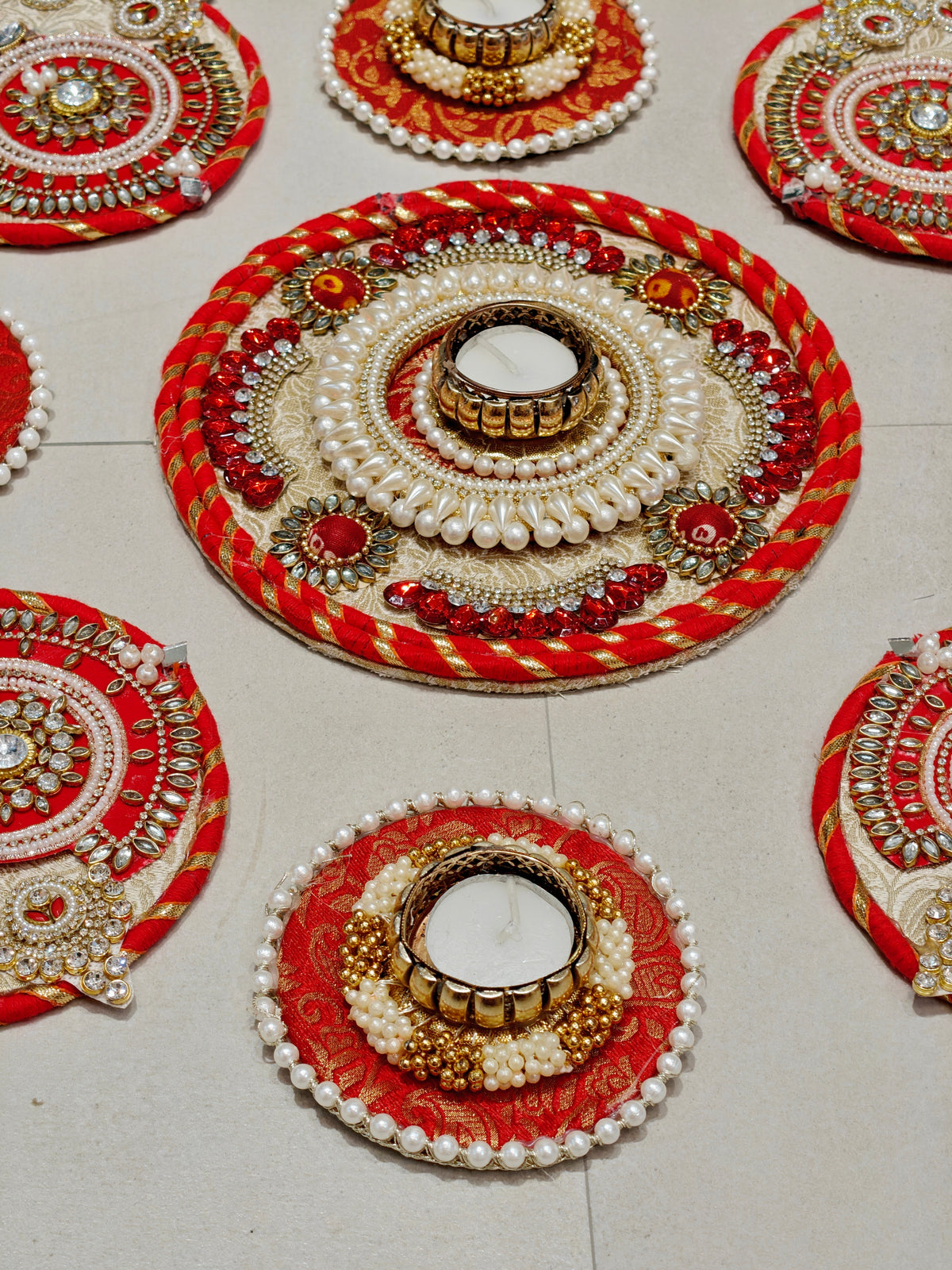 Red & Gold Brocade Rangoli Set with Tealight Holders