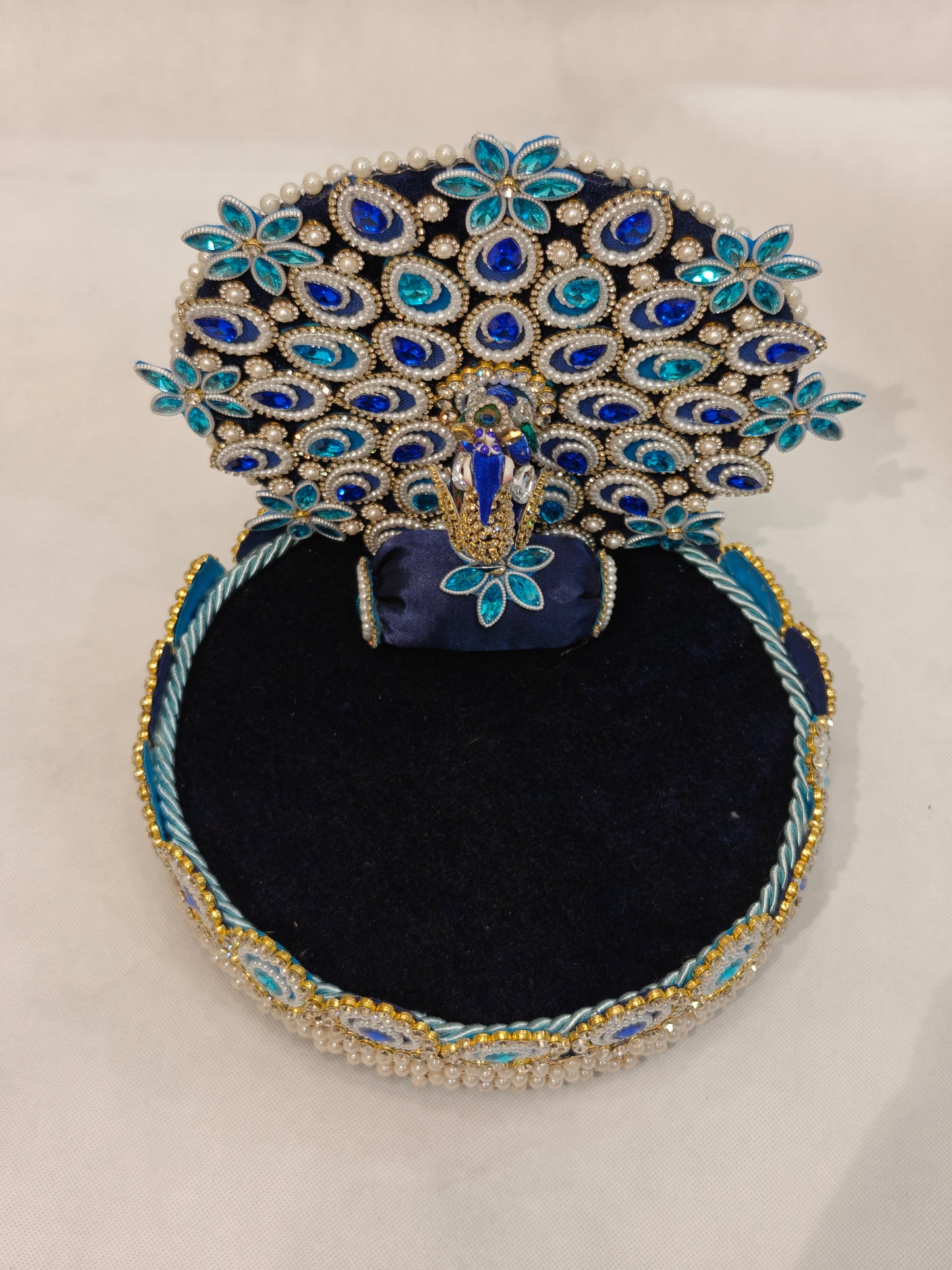 Peacock Singhaasan for Ladoo Gopal | Handcrafted MDF Deity Throne with Detachable Backdrop | Royal Blue & Teal | 9 Inch Base