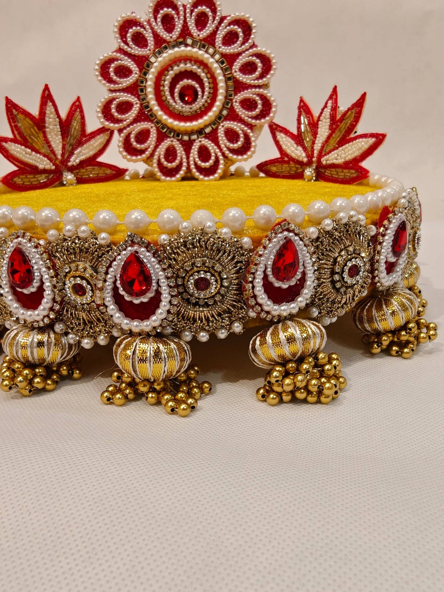 Red & Yellow Lotus Singhaasan for Ladoo Gopal | Handcrafted MDF Deity Throne with Lotus Backdrop | Red Gold | 8 Inch Base