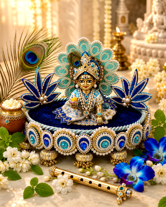 Teal Blue Lotus Singhaasan for Ladoo Gopal | Handcrafted MDF Deity Throne with Lotus Backdrop | Teal Blue Gold | 8 Inch Base