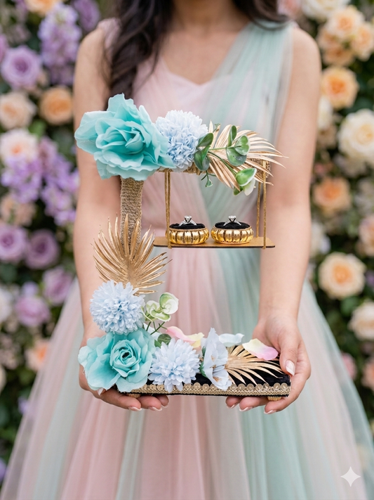 2-tier handcrafted wooden ring ceremony stand with teal and baby blue silk flowers, gold palm leaves, jute-wrapped column, swing shelf, and two gold ring holders — by The Wedding Station