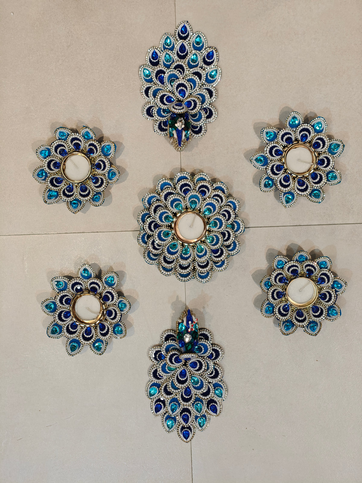 Blue Peacock & Lotus Crystal Tealight Holder Set