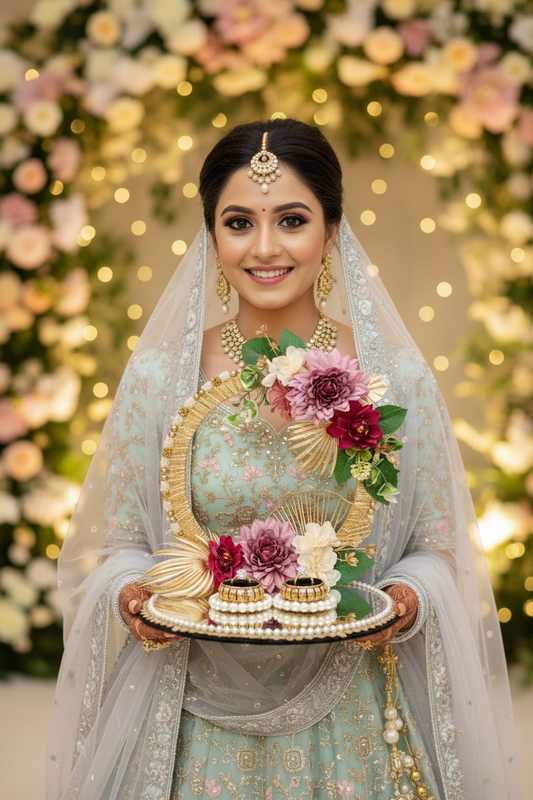 Handcrafted ring ceremony platter with 11-inch mirror MDF base, gold crescent arch, burgundy and mauve silk flowers, pearl-bordered tray, and two pearl ring holders — by The Wedding Station