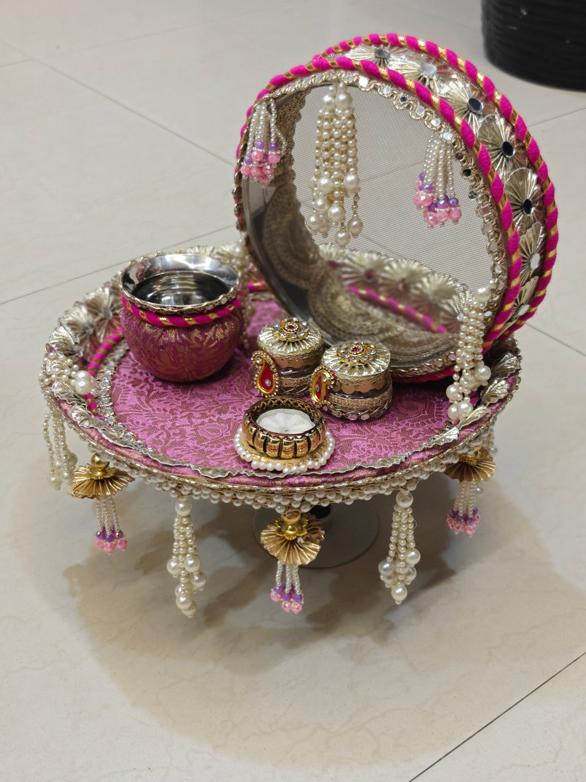 Lavender and magenta Karva Chauth thali set with 12 inch steel thali, channi, lota, candle and roli chawal boxes