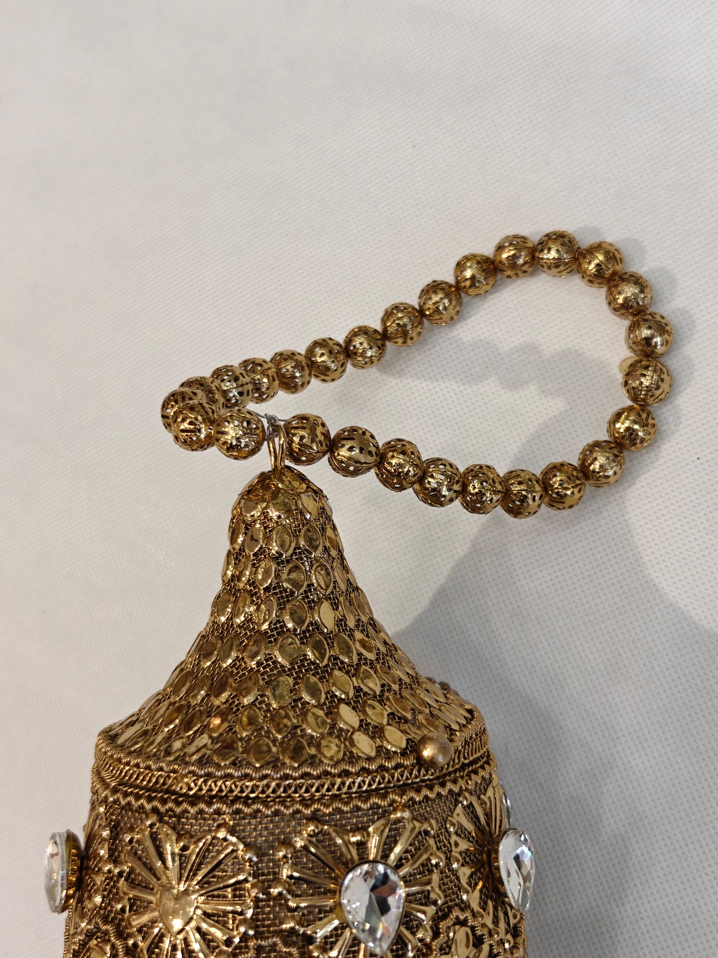 Handcrafted Gold Brass Lantern Potli Bag | Bridal Potli with Teardrop Crystal Stones, Starburst Filigree & Bead Handle | Wedding & Festive Accessory