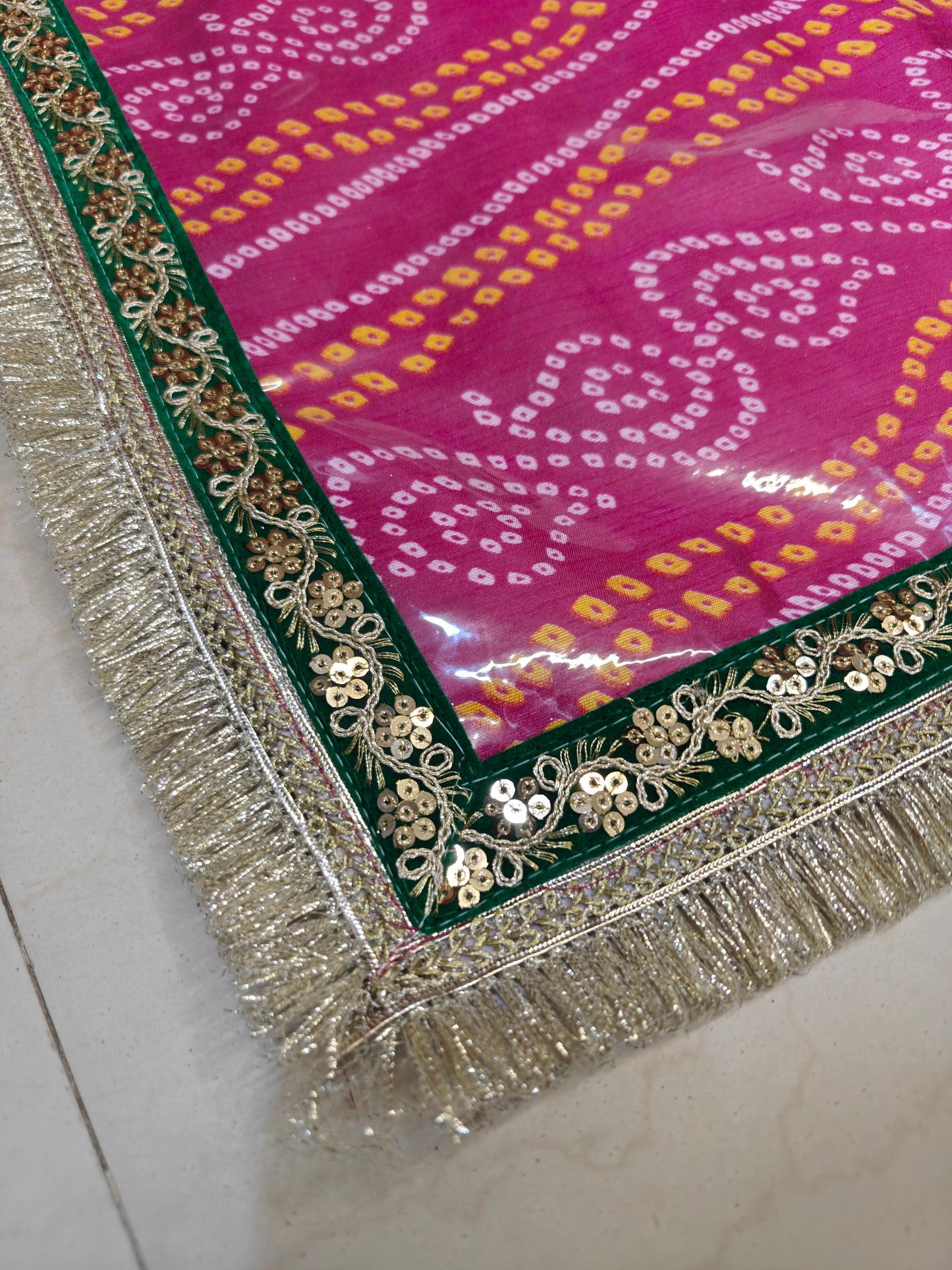 Bandhani Mangodi Mat for Indian Wedding Rituals | Pink Dupion Silk with PVC Cover & Zari Fringe | 20×20 Inches