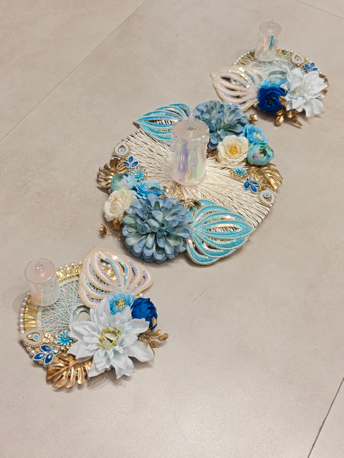 Blue Table Runner Set of 3 with Tealight Holders for Diwali Table Decor