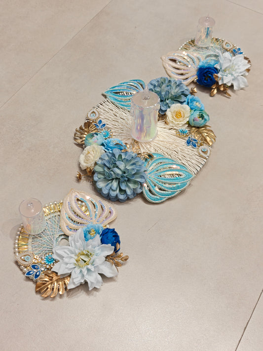 Blue Table Runner Set of 3 with Tealight Holders for Diwali Table Decor