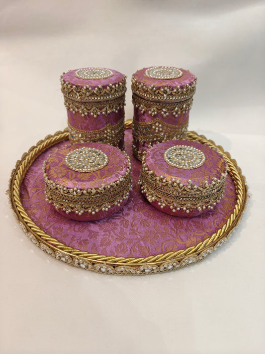 Royal Wedding Mewa & Mithai Platter Set with Decorated Steel Boxes- Lavender