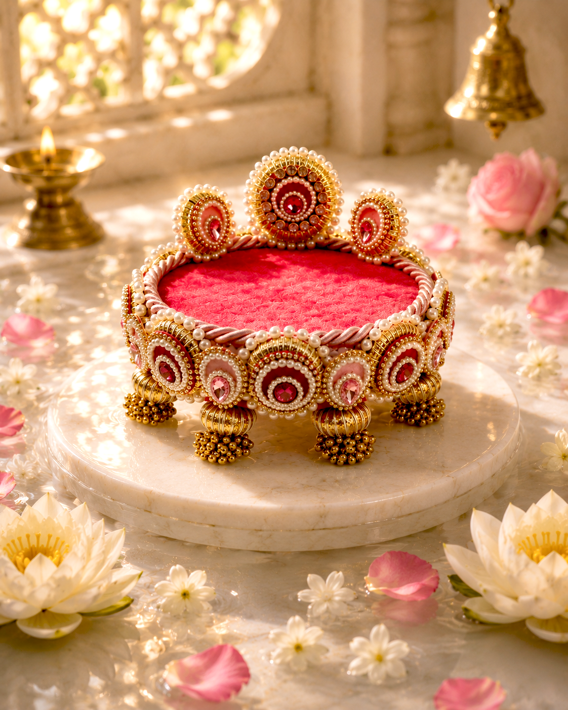 Pink Lotus Singhaasan for Ladoo Gopal | Handcrafted MDF Deity Throne with Lotus Backdrop | Pink & Gold | 6 Inch Base