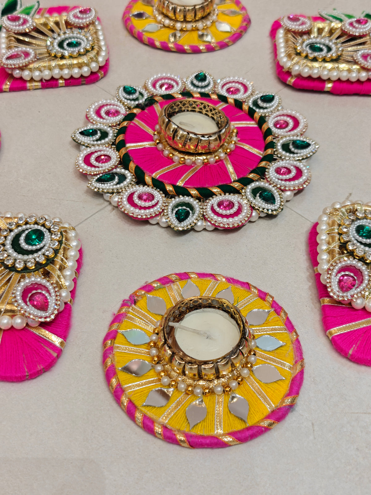 Pink & Yellow Leaf Motif Rangoli Set with Tealight Holders