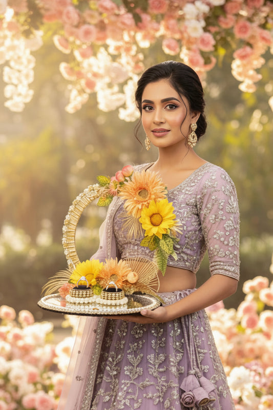 Handcrafted ring ceremony platter with 11-inch mirror MDF base, gold crescent arch, yellow sunflowers, peach gerberas, blush roses, pearl-bordered tray, and pearl ring holders — by The Wedding Station