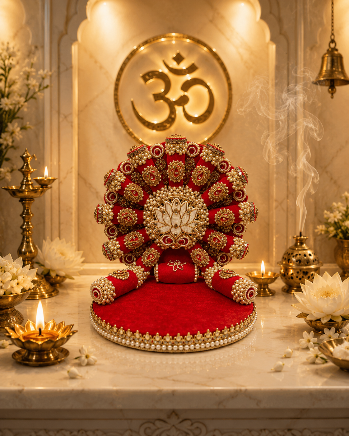 Royal Lotus Singhasan for Ladoo Gopal | The Royal Collection | Handcrafted Red Velvet Throne with Pearl Lotus Centrepiece, Gold Zardozi & Detachable Backdrop | 14 Inch Bal Gopal Singhasan
