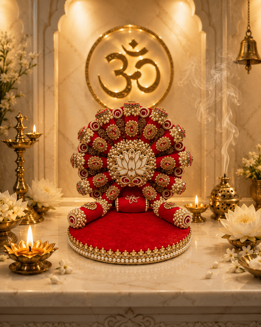 Royal Lotus Singhasan for Ladoo Gopal | The Royal Collection | Handcrafted Red Velvet Throne with Pearl Lotus Centrepiece, Gold Zardozi & Detachable Backdrop | 14 Inch Bal Gopal Singhasan