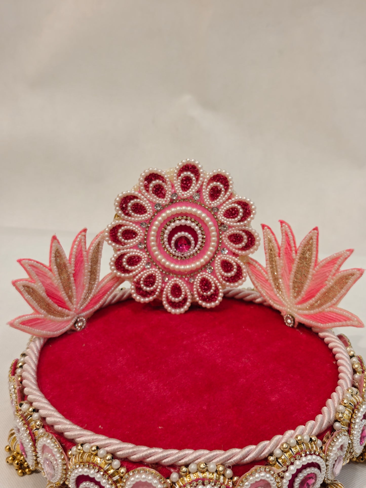 Pink Lotus Singhaasan for Ladoo Gopal | Handcrafted MDF Deity Throne with Lotus Backdrop | Pink & Gold | 8 Inch Base