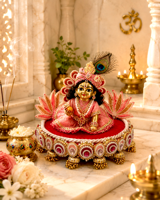 Pink Lotus Singhaasan for Ladoo Gopal | Handcrafted MDF Deity Throne with Lotus Backdrop | Pink & Gold | 8 Inch Base