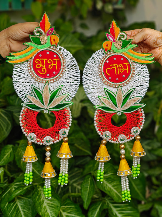 Handcrafted Shubh Laabh Diwali hanging with parrot and lotus motifs, pearl detailing and festive tassels, 16.5 x 6 inches