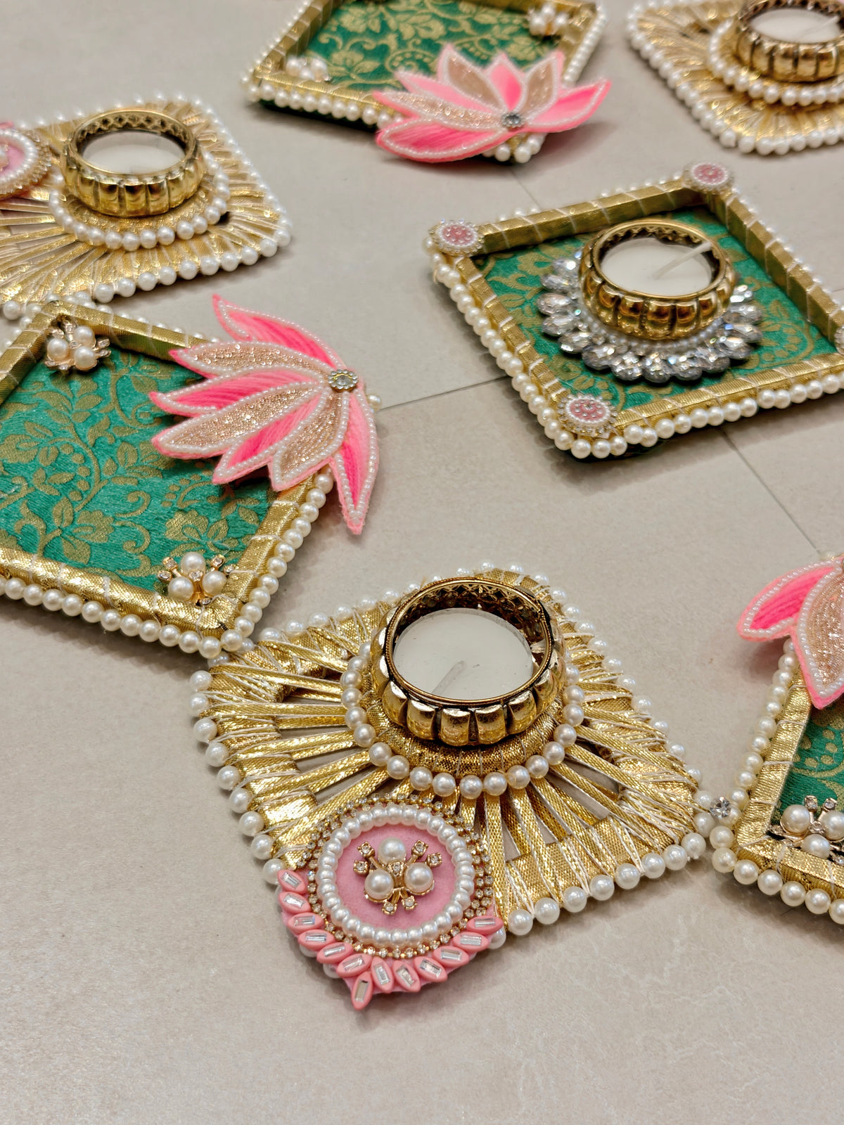 Green Brocade & Pink Lotus Rangoli Set with Diamond Tealight Holders