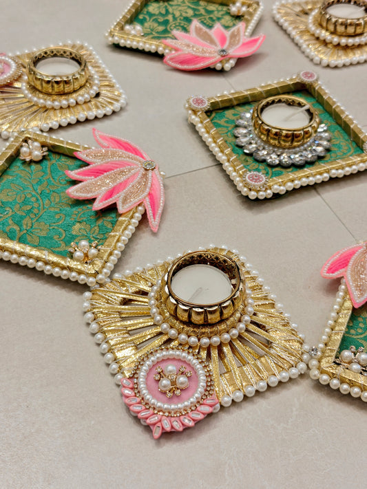 Green Brocade & Pink Lotus Rangoli Set with Diamond Tealight Holders