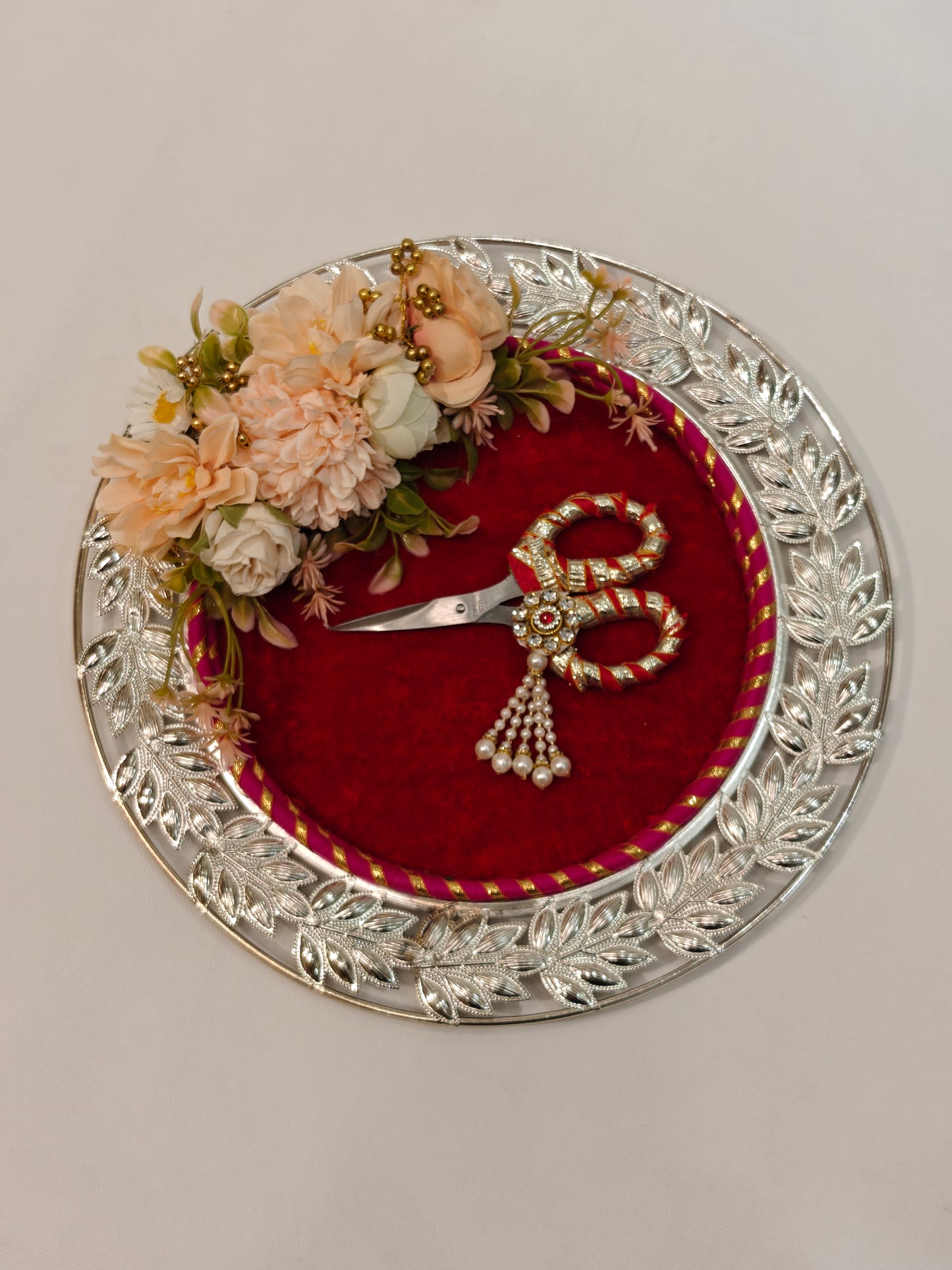 Designer Ribbon Cutting Plate for Inauguration, Wedding & Puja- Peach Flowers