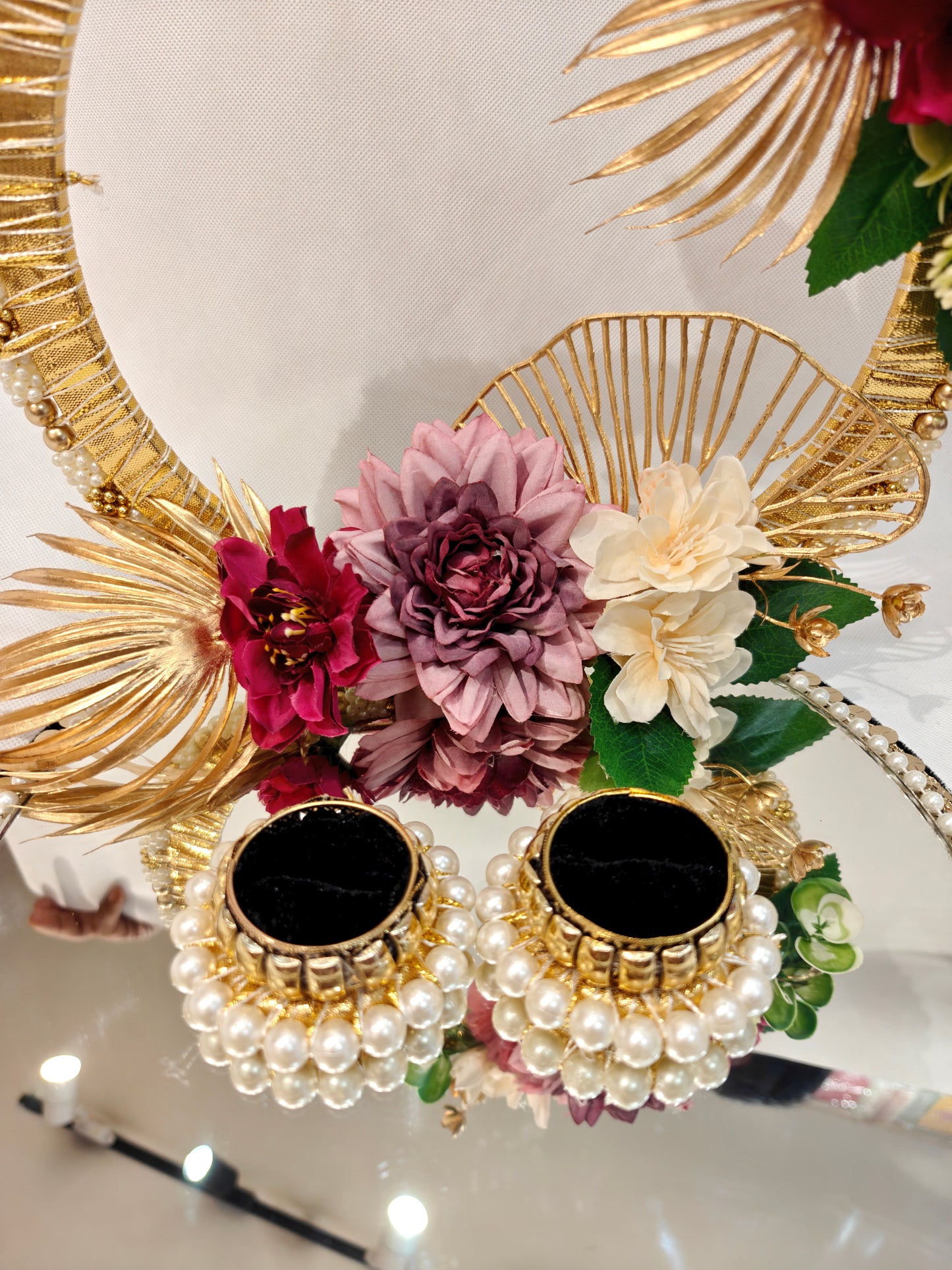 Floral Ring Ceremony Platter with Pearl Ring Holders — Burgundy & Mauve | Ring Platter for Wedding | The Wedding Station