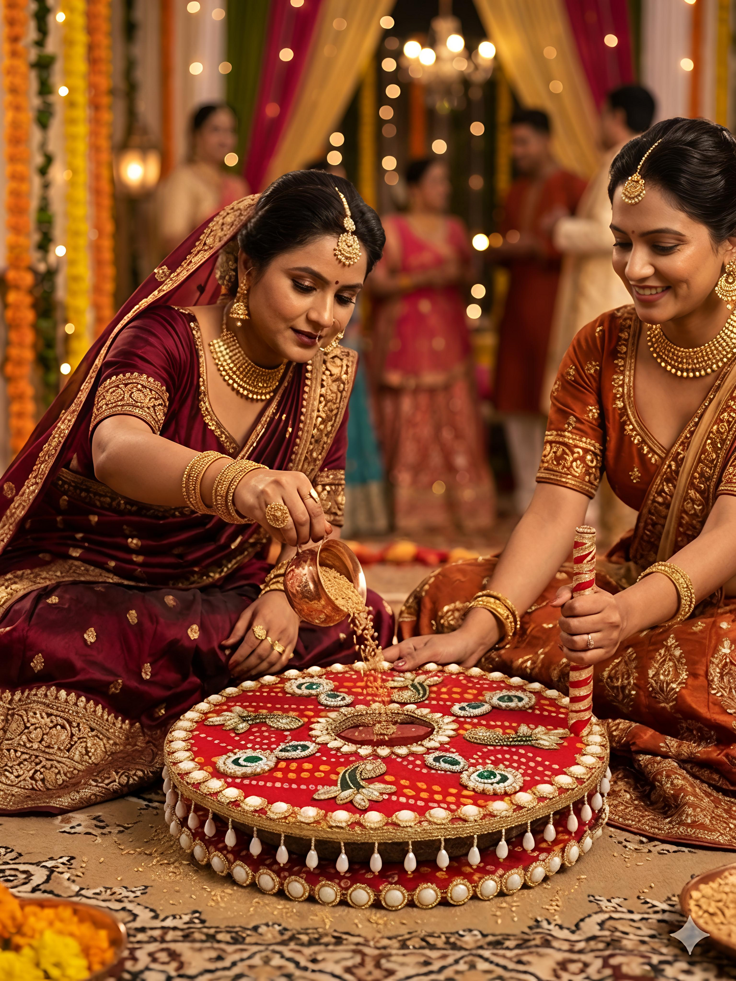 Decorated Chakki for Baan Ritual | Red Bandhani MDF Grinding Wheel with Green Kundan & Pearl Embellishment | 12 Inch | Indian Pre-Wedding Ceremony