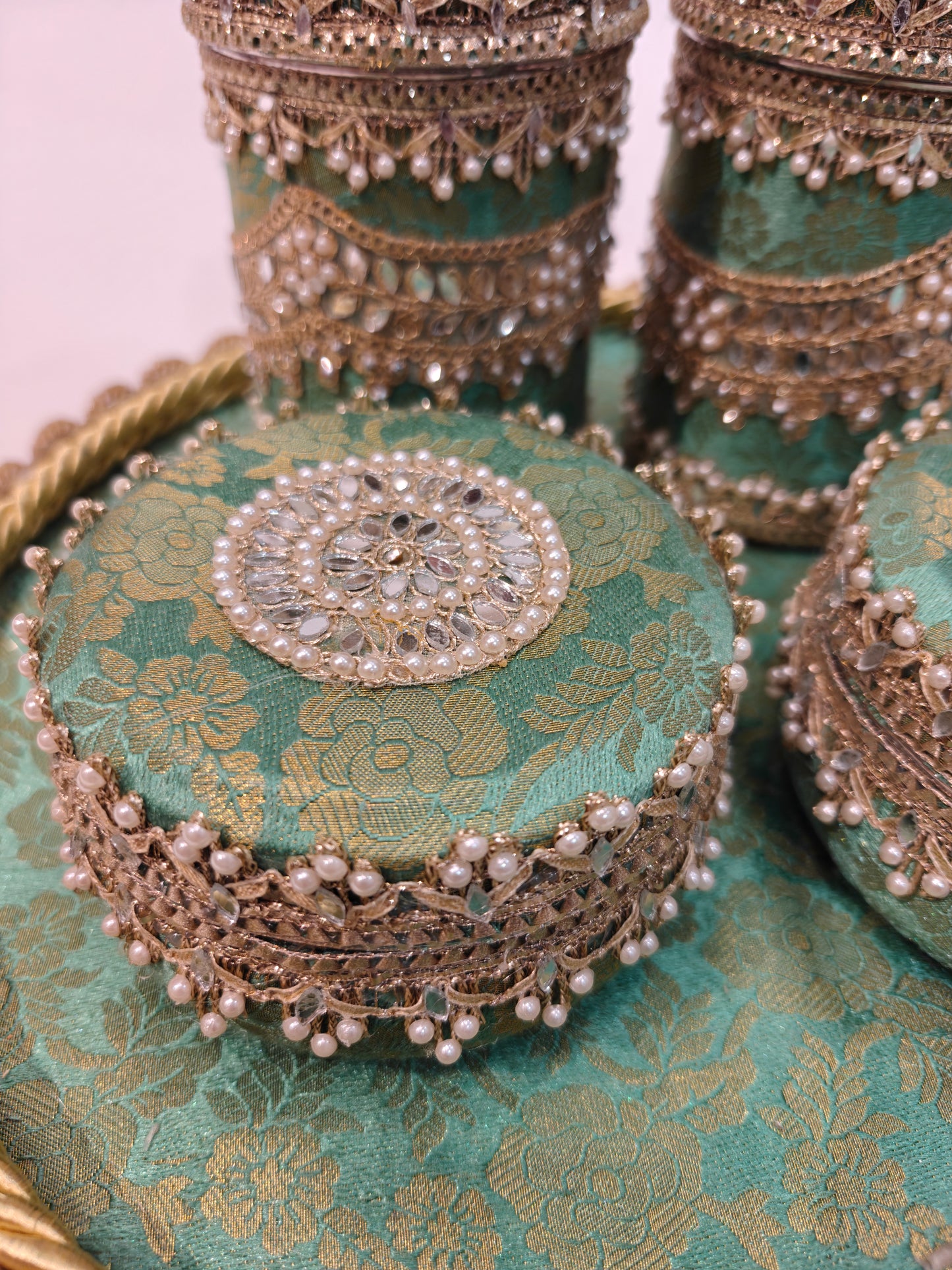 Royal Wedding Mewa & Mithai Platter Set with Decorated Steel Boxes- Mint Green
