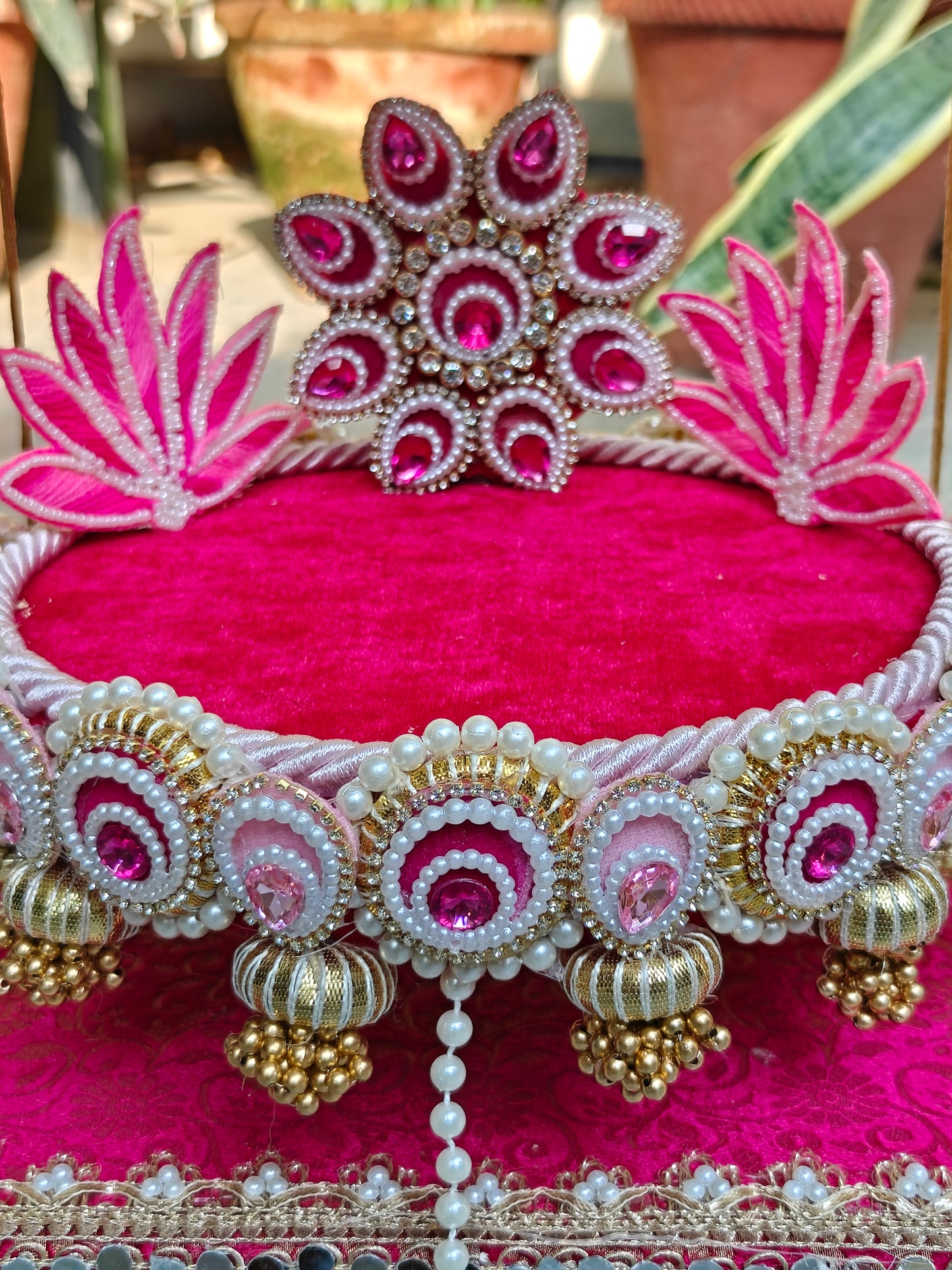 Royal Jhula & Singhasan for Ladoo Gopal | The Royal Collection | 2-in-1 Handcrafted Rani Pink & Teal Velvet Swing with Detachable Singhasan, Lotus Patra & Pearl Embellishments | 16 Inch Kanha Jhula