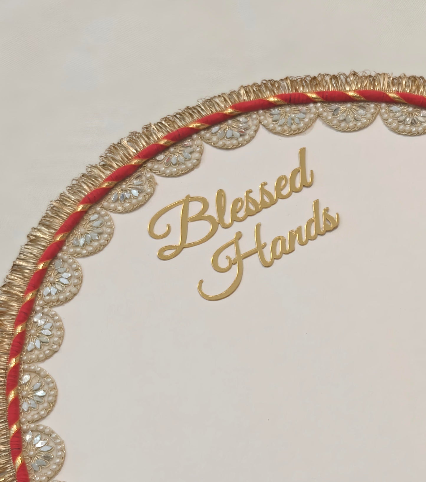 Handcrafted "Blessed Hands" Handprint Mat | Griha Pravesh & Shop Opening Ceremony Mat | 16" Round MDF Base with Gold Zari Border, Red Twisted Rope & Pearl Scallop Trim | Inauguration Décor