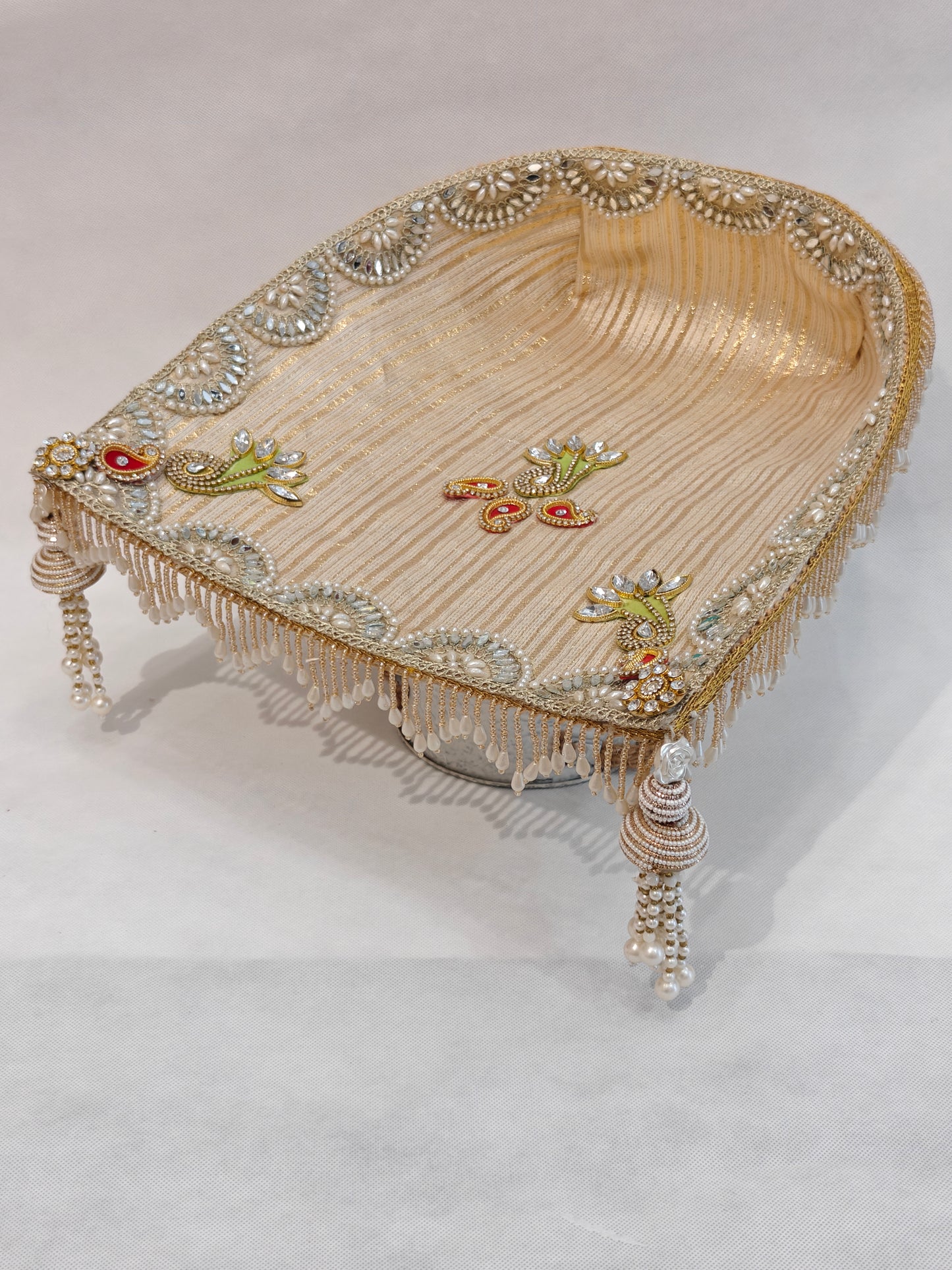 Large Soupda 12x13 inch with ivory and golden interior, layered pearl string border, gold zardozi medallion and cascading pearl bead fringes — handcrafted wedding puja tray by The Wedding Station
