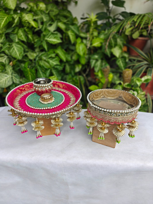 Pink & Teal Karvachauth Thali Set | The Wedding Station