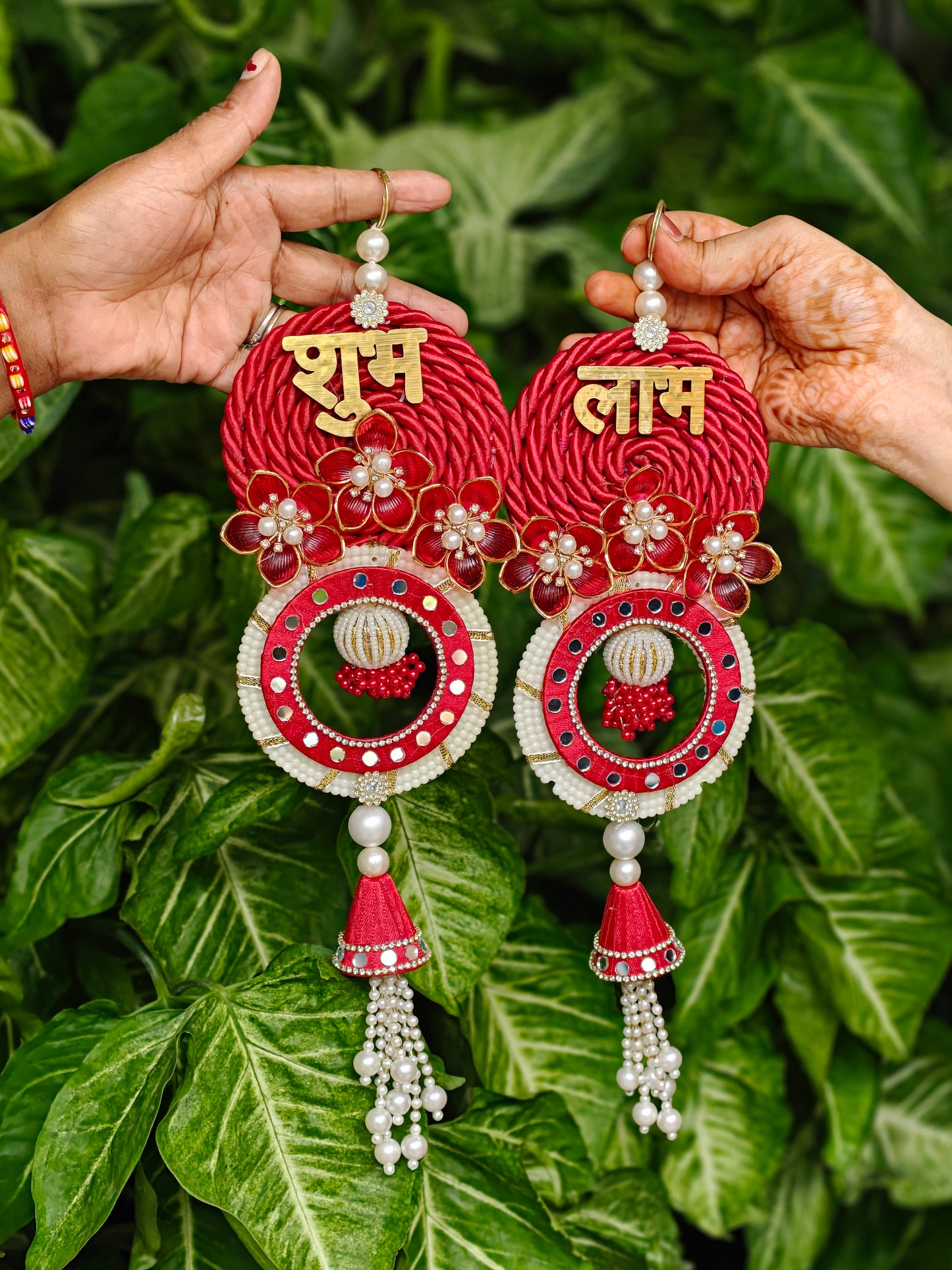 Shubh Laabh decorative hanging for Diwali festive decor in blue, pink, red and lavender, 13.5 x 4 inches