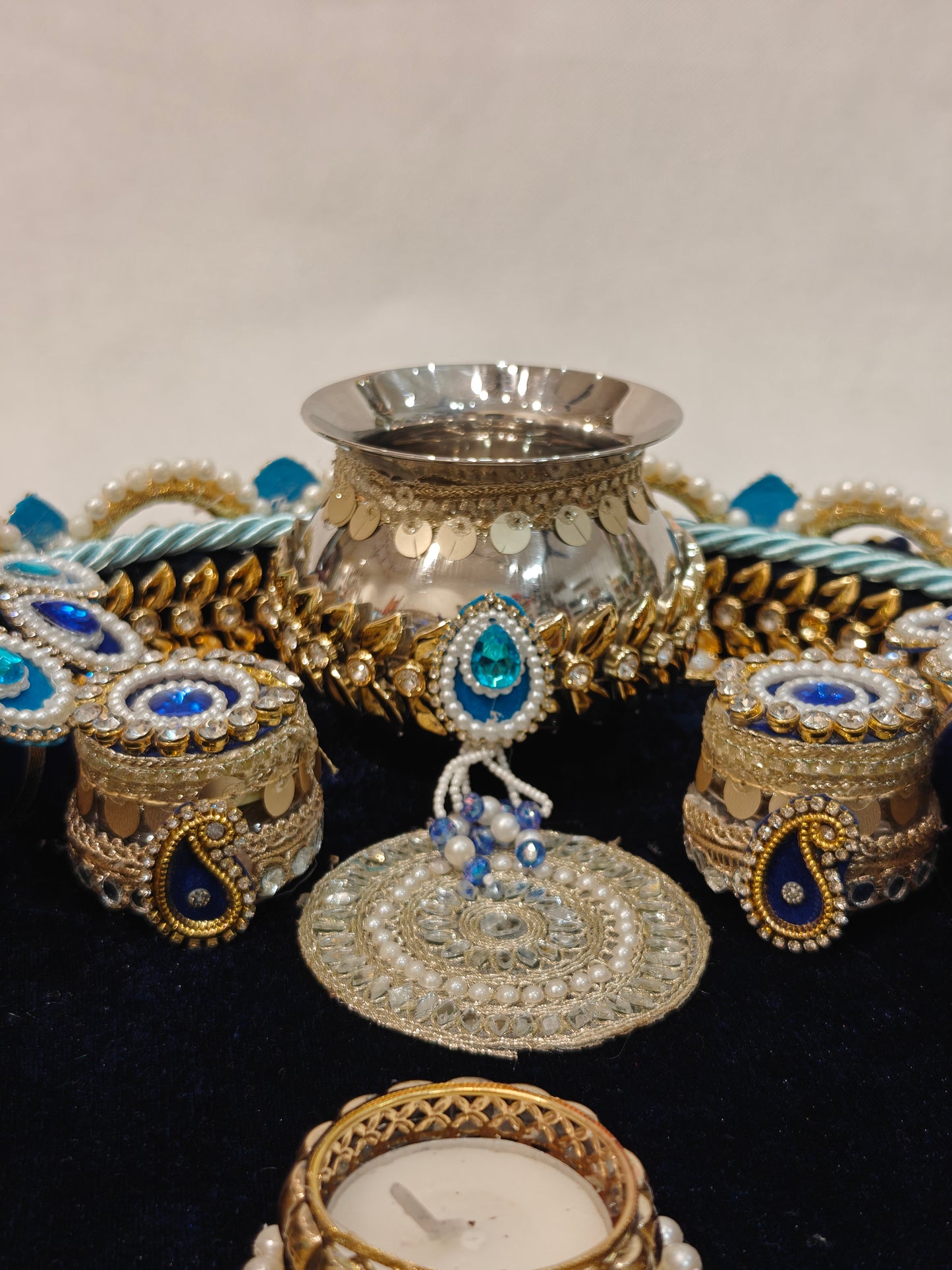 Handcrafted Peacock Pooja Thali Set | Royal Blue & Gold Wedding Puja Thali with Kalash, Diyas & Beadwork | Bridal Ceremony Thali | The Wedding Station