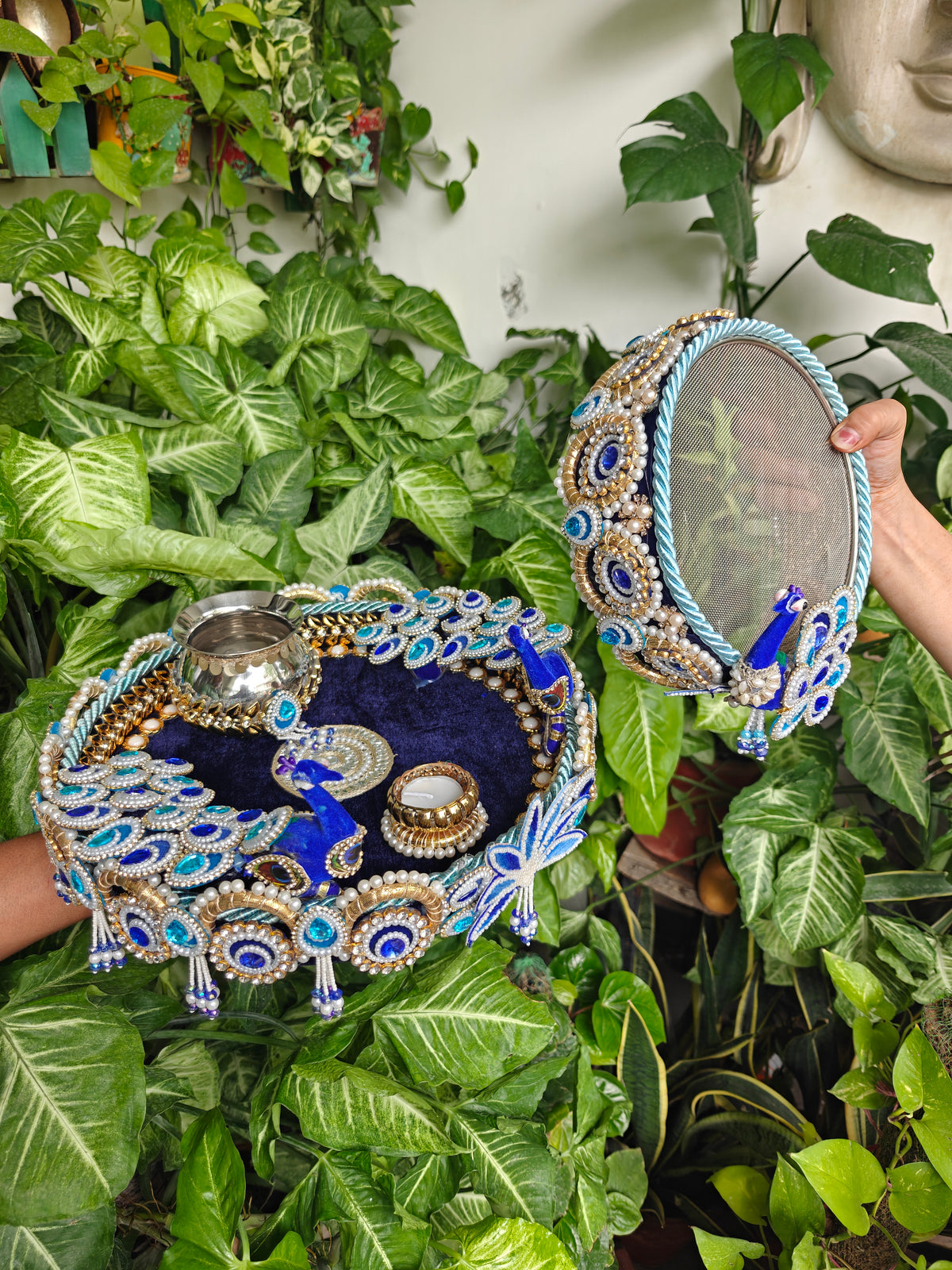 Royal Peacock Blue Karva Chauth Thali Set with Steel Channi, Kalash & Candle | The Wedding Station