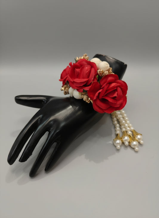 Floral Pearl Bracelet with Red Roses – Bridal & Festive Wrist Jewellery