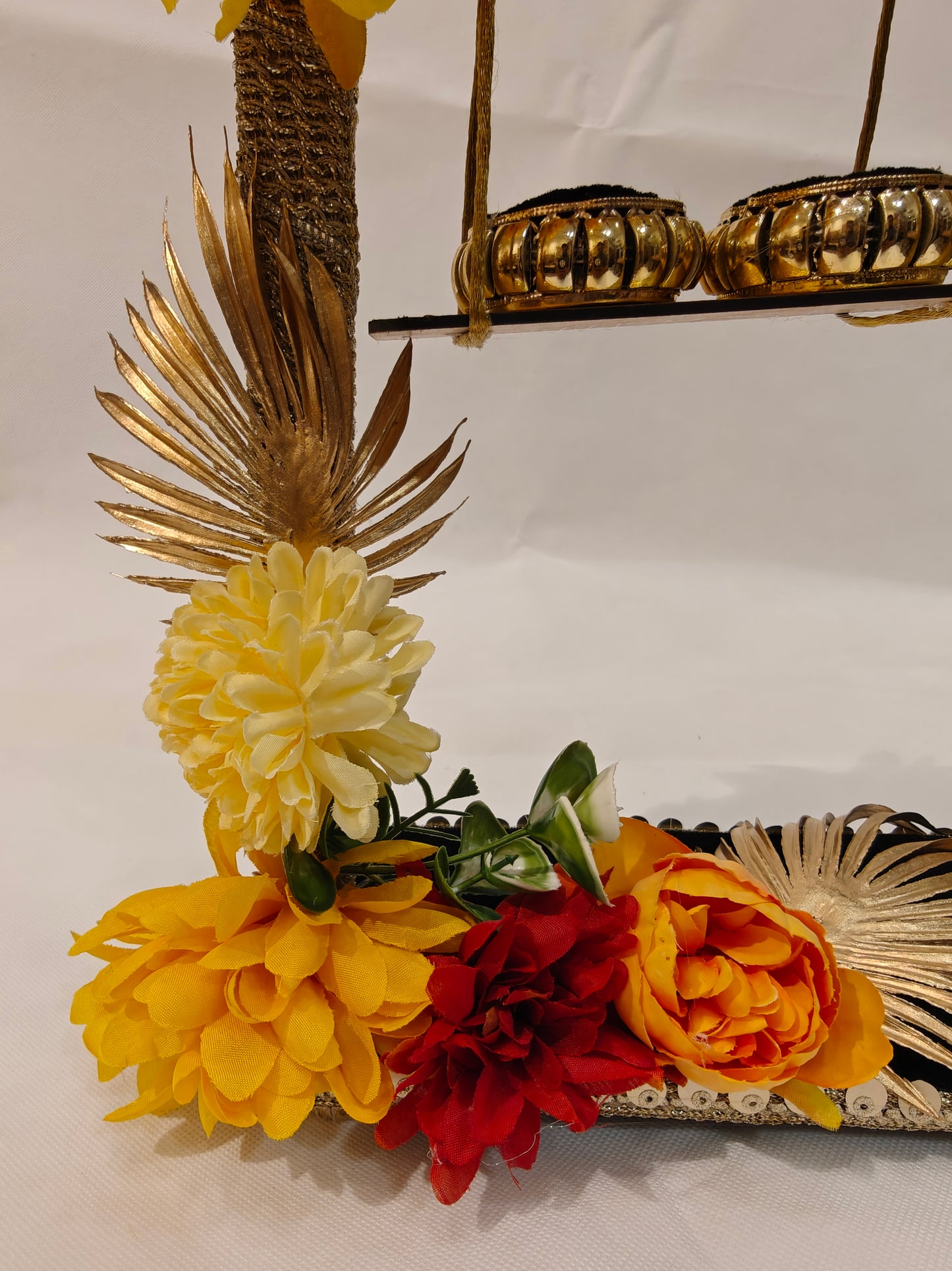 2-Tier Floral Ring Ceremony Stand — Yellow, Red & Orange | Wooden Ring Platter with Holders | The Wedding Station