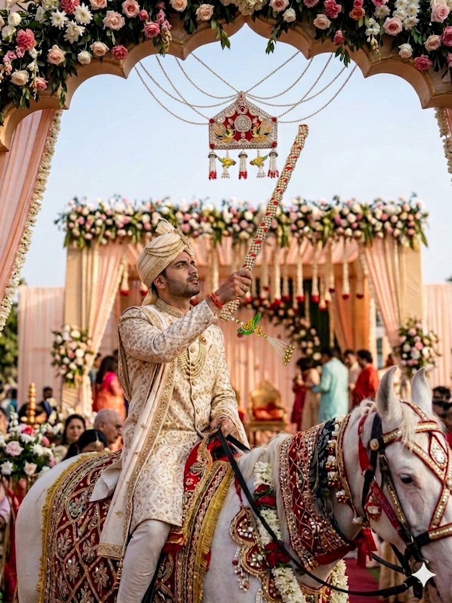 Wedding Toran & Groom Welcome Stick Set | Baraat Ceremony Decorative Toran with Embellished Stick | Red & Gold Dulha Entry Ritual Prop | The Wedding Station