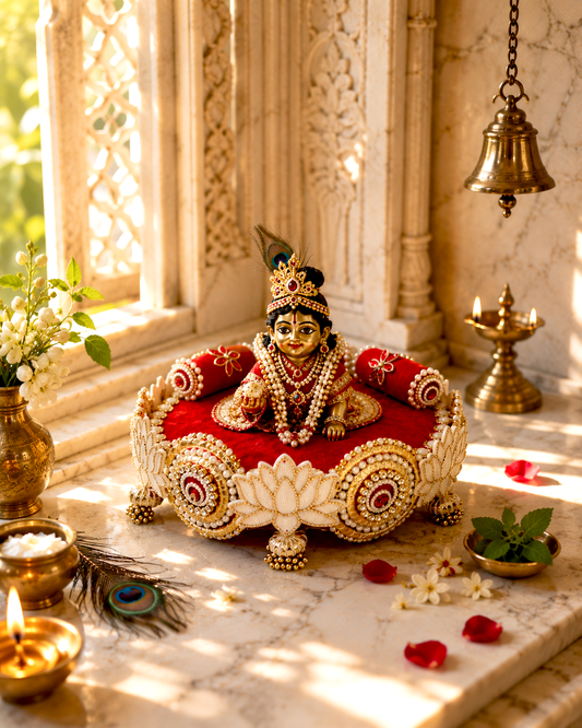 Red & White Lotus Singhaasan for Ladoo Gopal | Handcrafted MDF Deity Throne Base | Red White Gold | 12 Inch Diameter